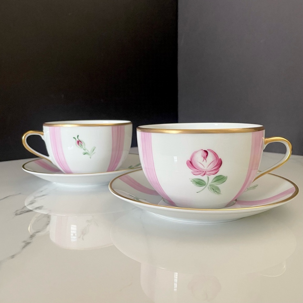 SET of 2 Pink Rose Breakfast Cups & Saucers - Marie Daage Limoges